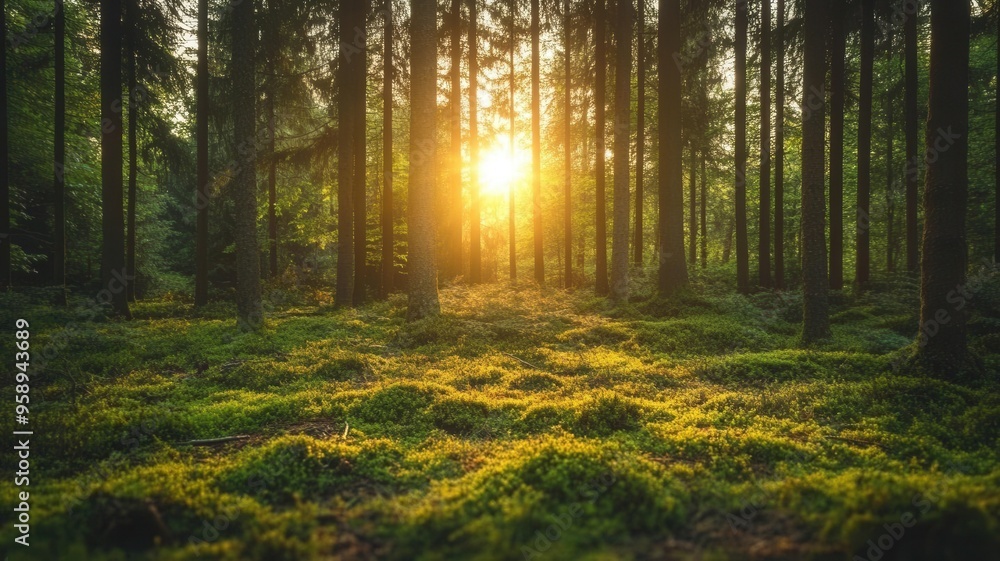 Fototapeta premium Sunlight Streaming Through Lush Green Forest Trees - Scenic Nature Landscape Panorama with Sun Rays in Vibrant Summer Woodland