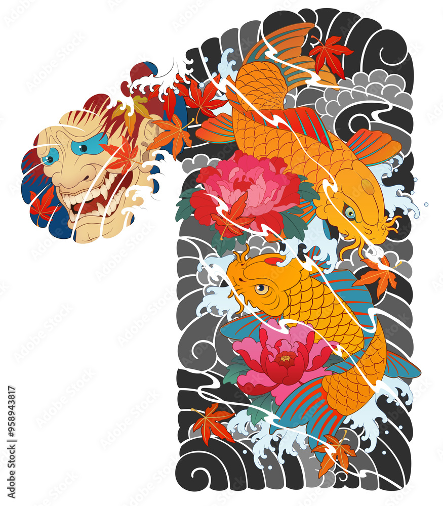 Obraz premium Japanese irezumi style chest long sleeve tattoo design, hanya, namakubi, koi fish, 건대타투 타투달, 남자 가슴긴팔, 한야, 잉어 타투도안