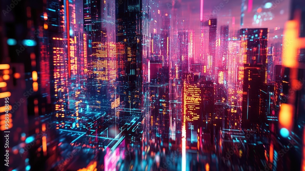 Futuristic city with neon-lit buildings and abstract digital elements, capturing a panoramic view of modern urban architecture and technology. Futuristic city with neon-lit buildings and abstract digital elements, capturing a panoramic view of modern urban architecture and technology.