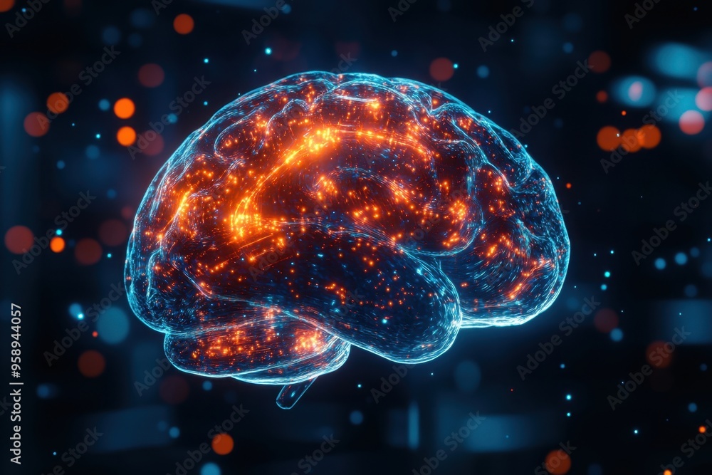 a glowing brain with orange and blue lights The background is a dark blue with a bokeh effect, and the brain appears to be made of glass or plastic material Generative AI a glowing brain with orange and blue lights The background is a dark blue with a bokeh effect, and the brain appears to be made of glass or plastic material Generative AI