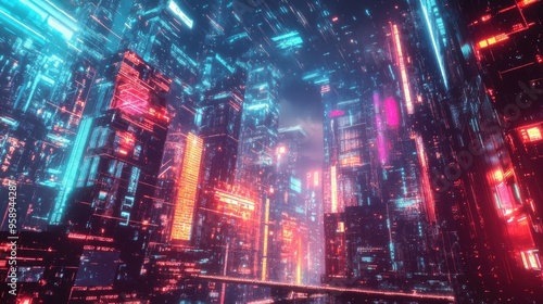 Futuristic city with neon-lit buildings and abstract digital elements, capturing a panoramic view of modern urban architecture and technology.