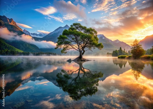 Majestic mountain landscape with ancient tree, serene lake, and misty dawn light, evoking a sense of spiritual connection to the natural world's divine beauty. photo