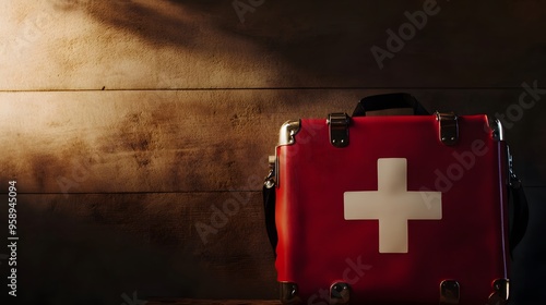 Red first aid kit with a white cross on a wooden background. photo