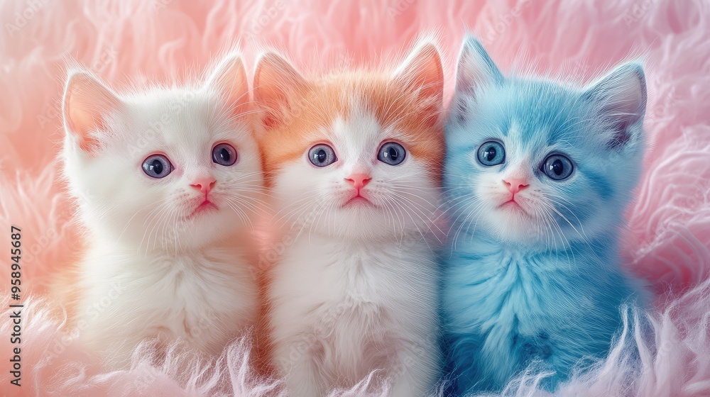 Three stacked cats with white, orange, and blue fur, black eyes, and pink ears, set against a soft, colorful background, perfect for children's digital book cover Three stacked cats with white, orange, and blue fur, black eyes, and pink ears, set against a soft, colorful background, perfect for children's digital book cover