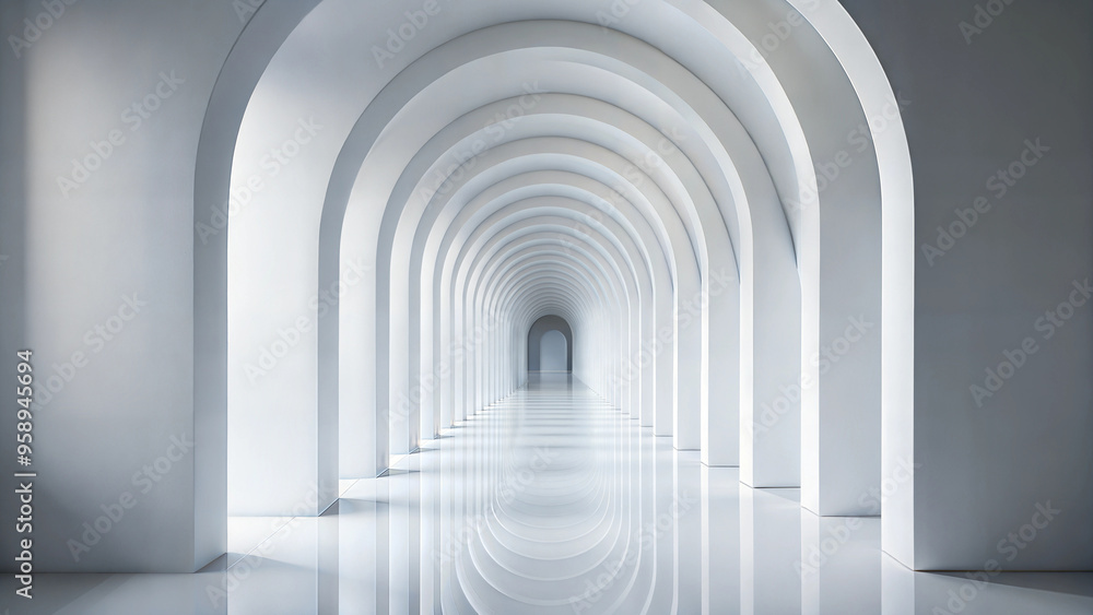 Abstract white corridor with repeating arches and reflection on the floor Abstract white corridor with repeating arches and reflection on the floor