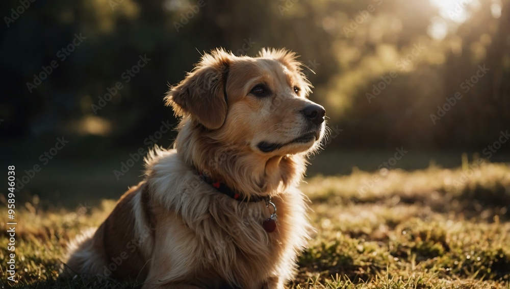 Adorable dog sitting peacefully in sunlight, with room for adding text or design. Adorable dog sitting peacefully in sunlight, with room for adding text or design.