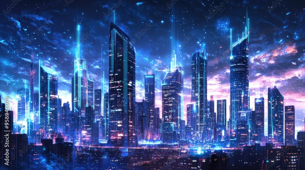 Obraz premium A vibrant futuristic cityscape illuminated by neon lights under a starry sky.