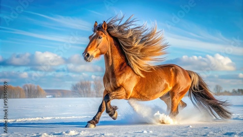 Majestic Siberian horse with a thick coat, prancing in a snow-covered meadow, its mane and tail flowing in the wind, against a crisp blue winter sky. photo