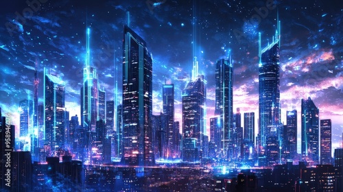 Wallpaper Mural A vibrant futuristic cityscape illuminated by neon lights under a starry sky. Torontodigital.ca