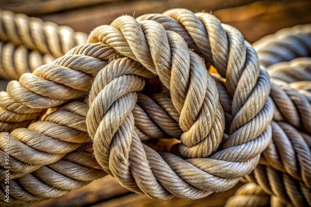 A close-up of a neatly tied sheepshank knot in a rope, showcasing the complex twists and turns of A close-up of a neatly tied sheepshank knot in a rope, showcasing the complex twists and turns of