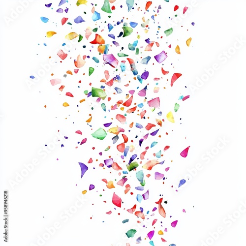 Colorful confetti falling gracefully against a clean white background, perfect for celebrations and festive occasions.