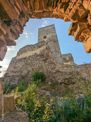 Rokstejn castle ruins by Brtnice town,Vysocina region,Bohemia Czech republic,gothic medieval castle ruins with tower and fortification stone walls photo