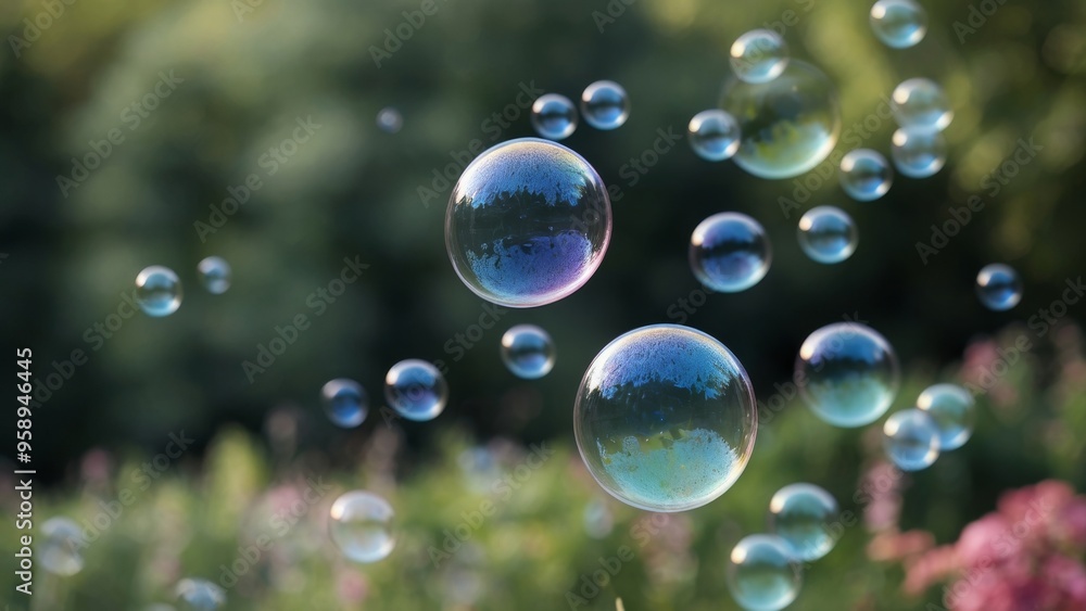 Soap bubbles are being blown and floating in a garden Soap bubbles are being blown and floating in a garden