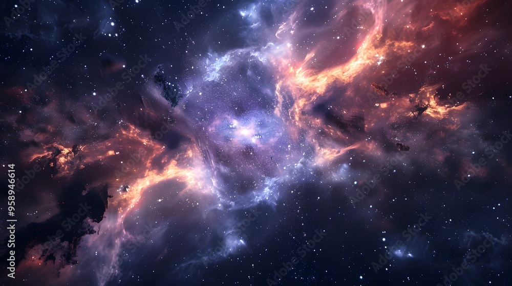 Fototapeta premium A dramatic depiction of two galaxies colliding in deep space, with streams of stars and gas being pulled together by gravitational forces.