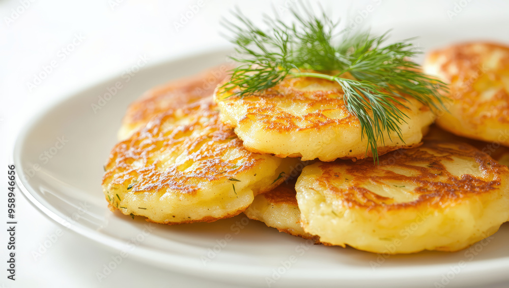 Golden brown potato pancakes with fresh dill Golden brown potato pancakes with fresh dill