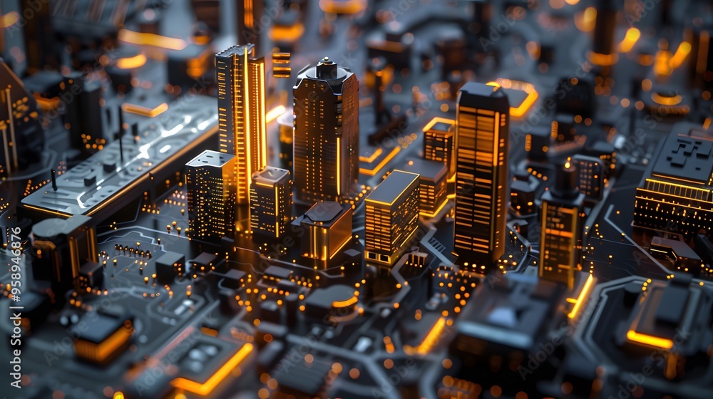 A stunning close-up of a microprocessor amidst a futuristic cityscape, showcasing vibrant lights and intricate structures. A stunning close-up of a microprocessor amidst a futuristic cityscape, showcasing vibrant lights and intricate structures.