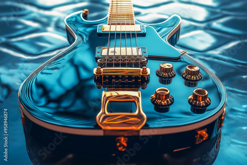 Photo of details of an electric guitar close up.