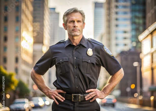 A confident, middle-aged law enforcement officer in a crisp uniform stands proudly with hands on hips, badge shining,