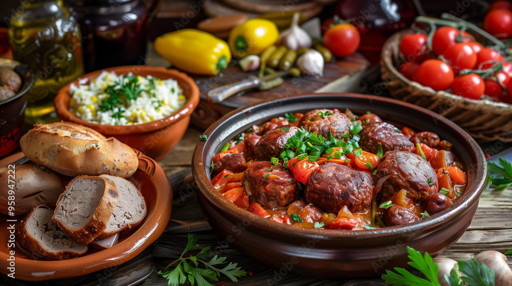 Hearty beef stew with spices and vegetables in the kitchen on a wooden table Hearty beef stew with spices and vegetables in the kitchen on a wooden table