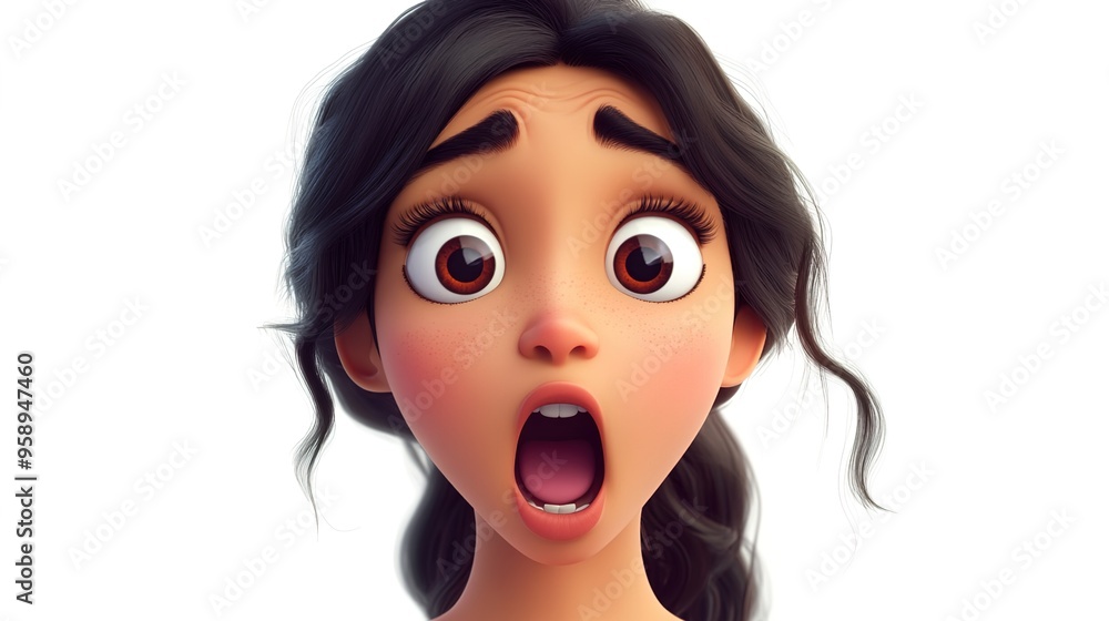 3D cartoon, a surprised Asian girl with black hair, wearing a yellow and white shirt, against a white background. 3D cartoon, a surprised Asian girl with black hair, wearing a yellow and white shirt, against a white background.