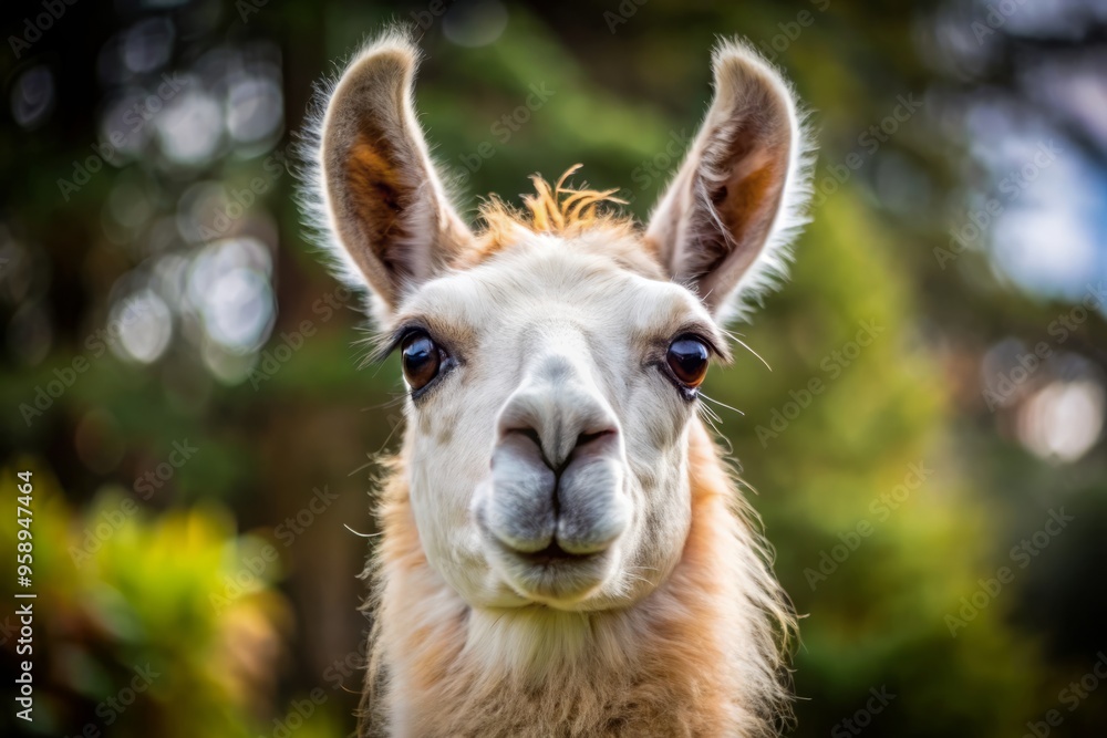 Fototapeta premium A curious llama's head with soft, furry ears and a gentle expression, gazing directly at the camera with