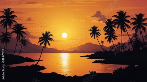 Tropical island silhouette with palm trees at sunset reflecting on ocean