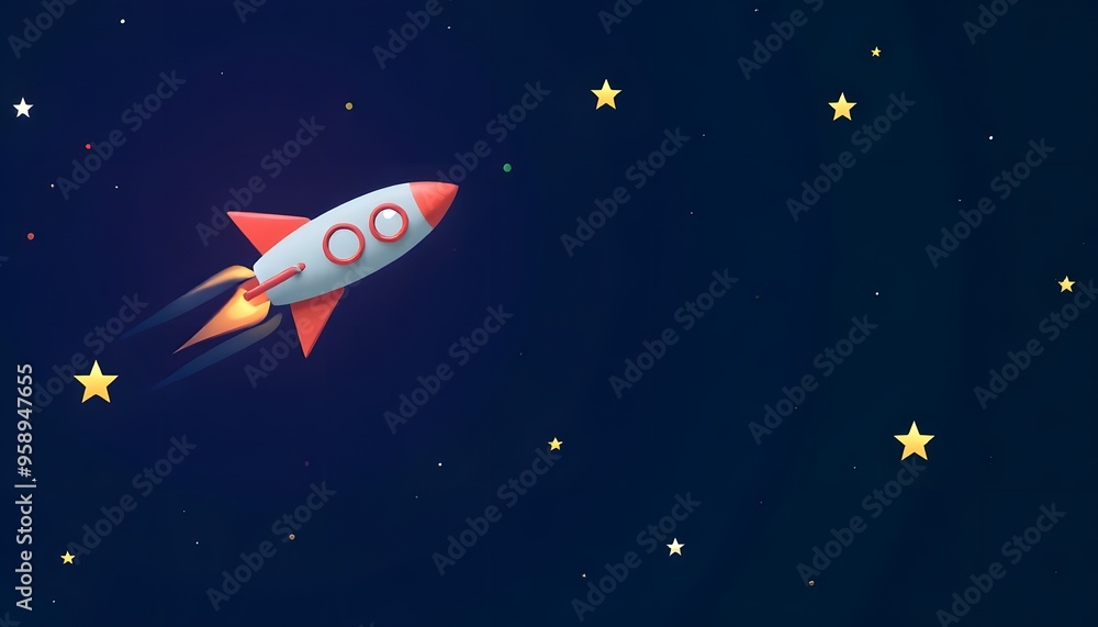 Illustration of a colorful cartoon rocket ship blasting off into a night sky, with clouds in the foreground Illustration of a colorful cartoon rocket ship blasting off into a night sky, with clouds in the foreground