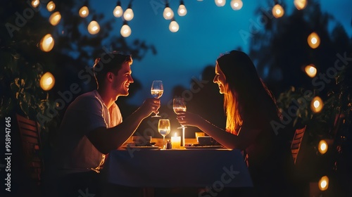 A couple enjoys a romantic dinner under the stars, toasting with glasses of wine. photo