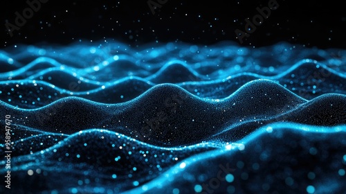 Horizontal lines of glowing blue particles creating an undulating effect on a black background, perfect for illustrating abstract digital landscapes.