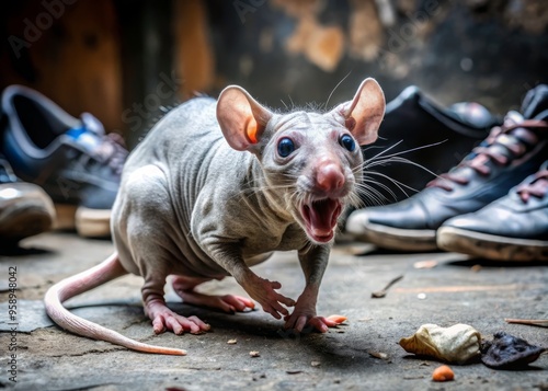 A distressed, hairless, wrinkled grey rodent with protruding teeth and beady eyes scurries across a grimy, photo