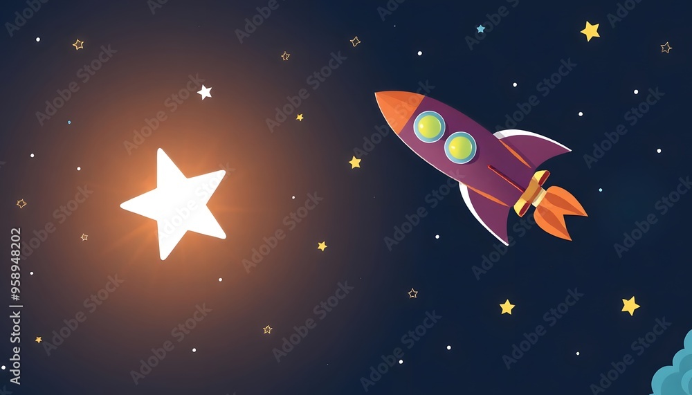 Illustration of a colorful cartoon rocket ship blasting off into a night sky, with clouds in the foreground Illustration of a colorful cartoon rocket ship blasting off into a night sky, with clouds in the foreground