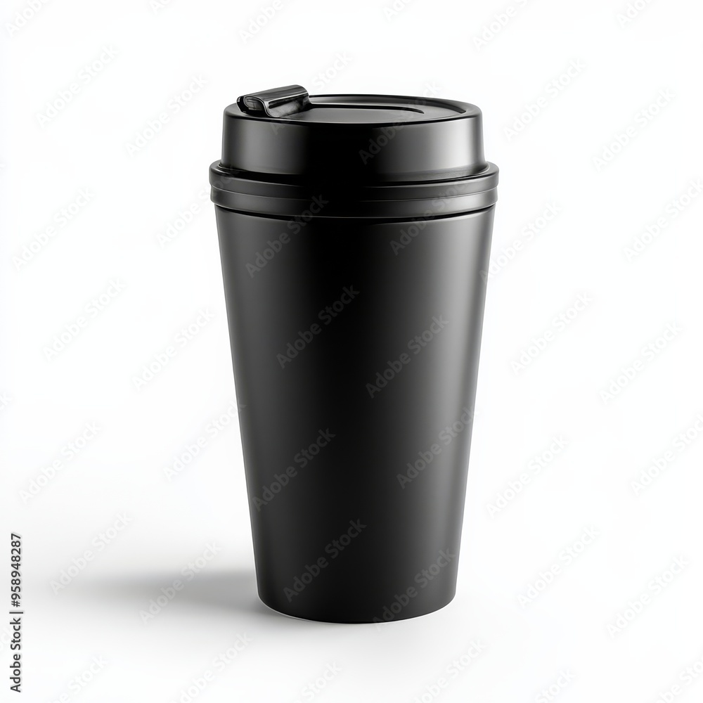 A modern black travel mug stands out against a white backdrop perfect for on the go drinks A modern black travel mug stands out against a white backdrop perfect for on the go drinks