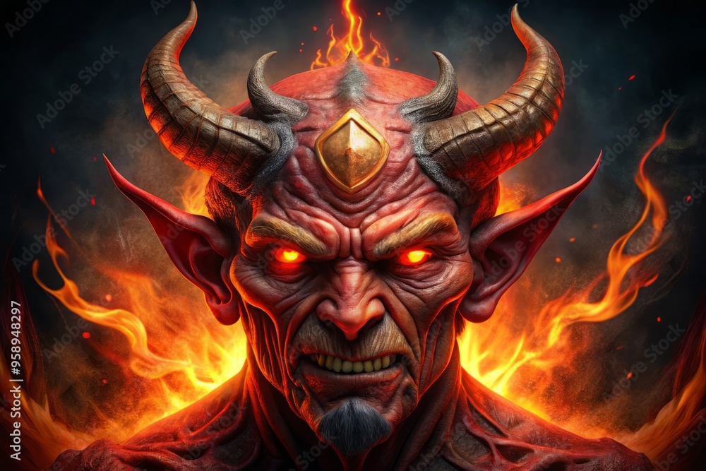 A fiery red demon head with glowing orange eyes and sharp horns, set against a dark background, evoking A fiery red demon head with glowing orange eyes and sharp horns, set against a dark background, evoking
