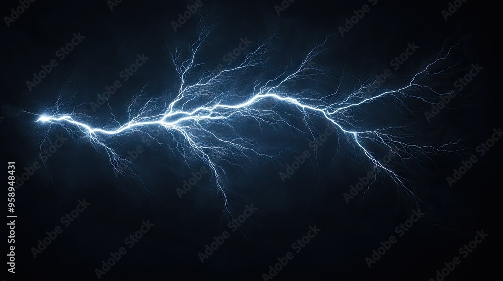 Isolated lightning bolt with detailed branches against a dark background, showcasing the electrifying and intense nature of lightning.