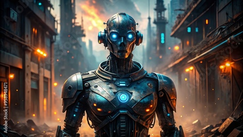 A futuristic, metallic humanoid robot with glowing blue eyes and an eerie, pulsing aura stands amidst a dark,