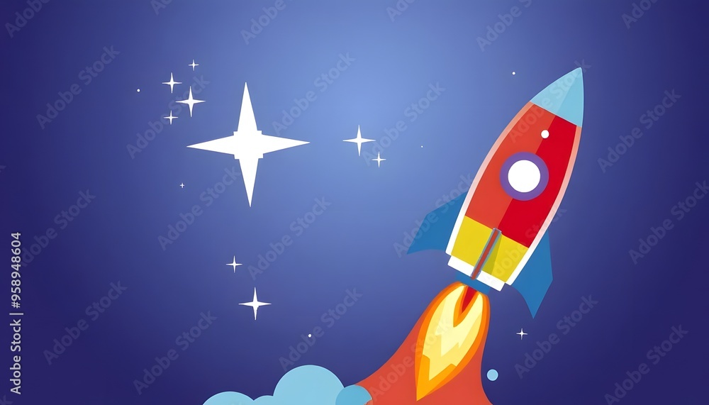 Illustration of a colorful cartoon rocket ship blasting off into a night sky, with clouds in the foreground Illustration of a colorful cartoon rocket ship blasting off into a night sky, with clouds in the foreground