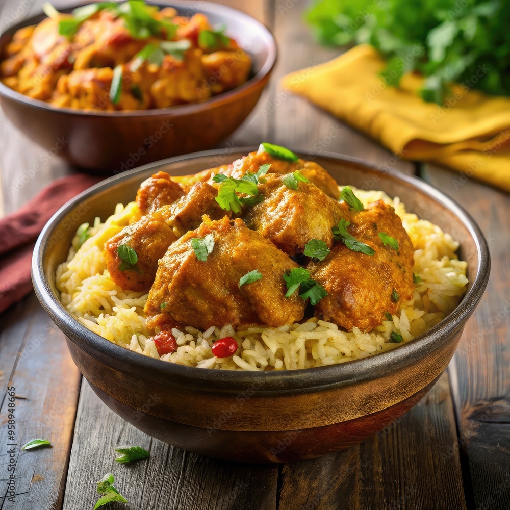High-quality food photography of a steaming bowl of rice topped with rich, flavorful chicken masala, set against a deep black background High-quality food photography of a steaming bowl of rice topped with rich, flavorful chicken masala, set against a deep black background