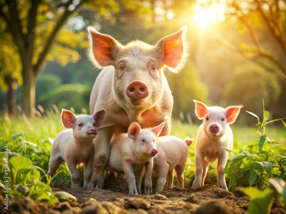 A group of adorable piglets playfully gather around their mother, snuggling and nuzzling each other in a sun-drenched A group of adorable piglets playfully gather around their mother, snuggling and nuzzling each other in a sun-drenched