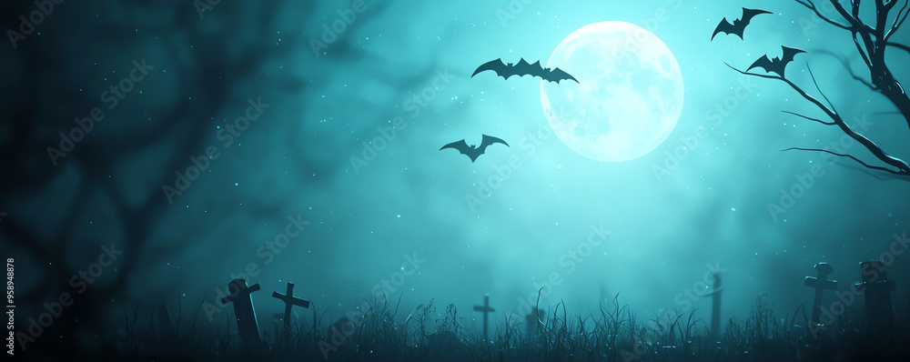 A haunting scene of a graveyard under a full moon, with bats flying in the eerie night sky, perfect for Halloween visuals. A haunting scene of a graveyard under a full moon, with bats flying in the eerie night sky, perfect for Halloween visuals.