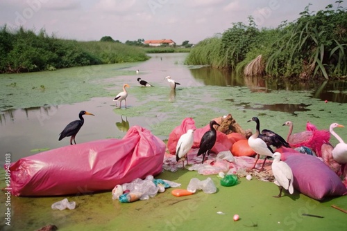 A marshy area where garbage has accumulated. The composition showcases plastic bottles and bags floating alongside natural vegetation, with birds perched confusedly nearby.  photo