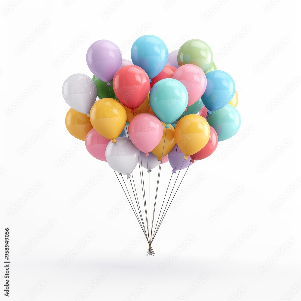 Balloons bunch, celebration element, realistic 3D render, vibrant hues, isolated on white background Balloons bunch, celebration element, realistic 3D render, vibrant hues, isolated on white background