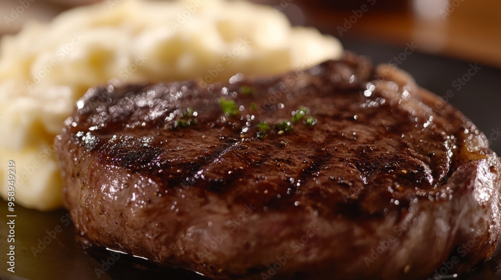 Juicy Steak Perfection: Close-Up with Creamy Mashed Potatoes Juicy Steak Perfection: Close-Up with Creamy Mashed Potatoes