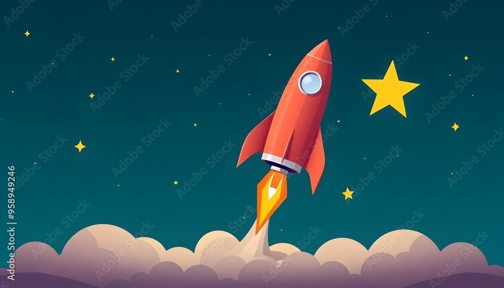 Illustration of a red and orange rocket ship blasting off into a night ...