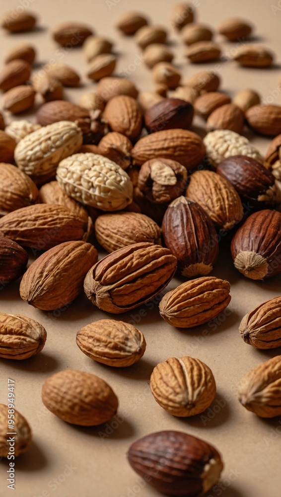 Assorted nuts spread out on a beige surface, illustrating a healthy snack concept. Assorted nuts spread out on a beige surface, illustrating a healthy snack concept.