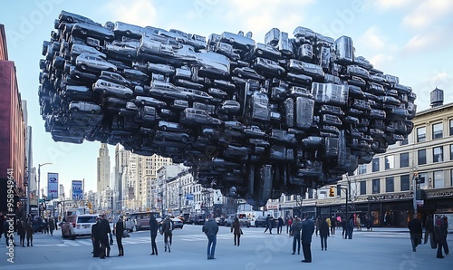 A Large Metallic Sculpture of Stacked Cars Hovering Above a City Street photo