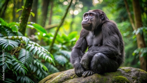 A Large, Black Primate With Thick Fur Sits On A Rock In A Rainforest, Gazing Intently Into The