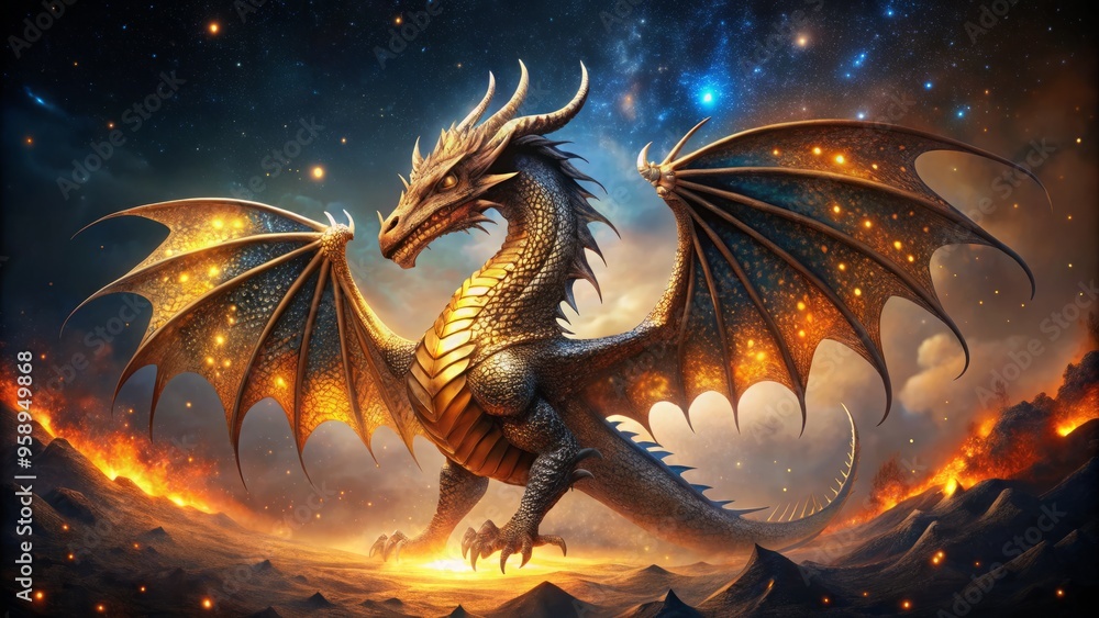 A majestic, fiery dragon with scales shimmering in shades of gold and bronze, spreads its wings against a A majestic, fiery dragon with scales shimmering in shades of gold and bronze, spreads its wings against a