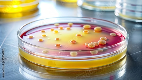 A macro view of a Petri dish containing a serosanguineous fluid sample, characterized by acloudy yellowish-pink color, photo