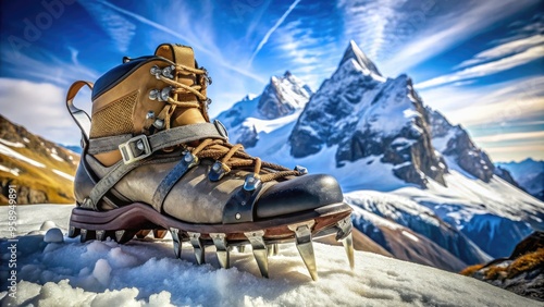 Metal crampon with sharp serrated edges and sturdy straps, attached to a rugged hiking boot, against a blurred snowy mountainous landscape background. photo