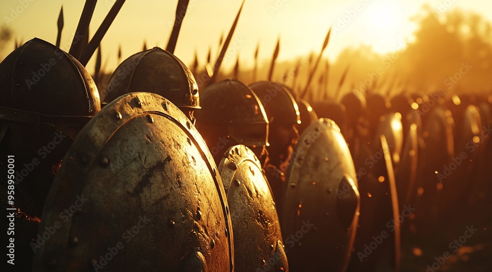 Ancient Warrior Wielding Shields in Battle Gear at Sunset Ancient Warrior Wielding Shields in Battle Gear at Sunset